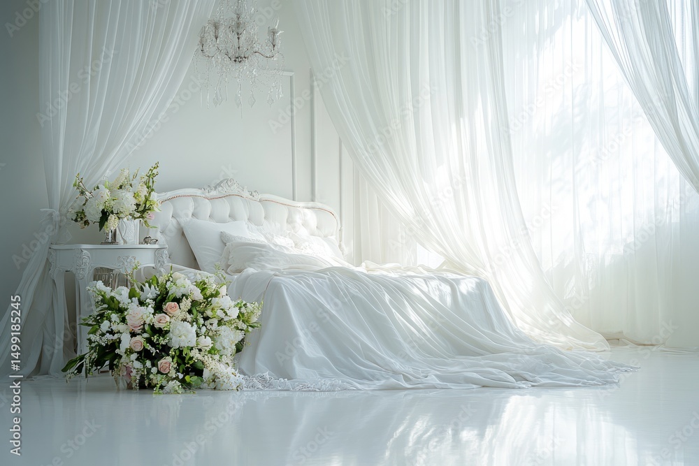 A pristine white bedroom, bathed in sunlight A pristine white bedroom, bathed in sunlight