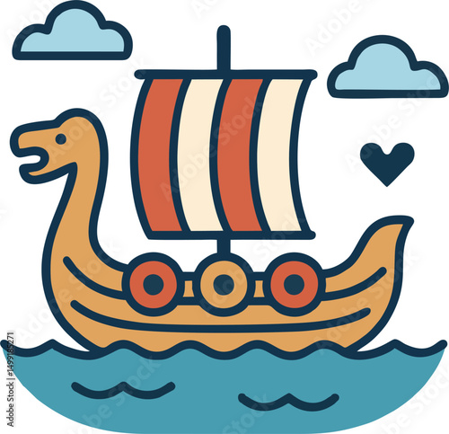 Flat Vector Viking Longship with Dragon Head and Striped Sail on Blue Ocean – Scandinavian Historic Boat Icon for Educational and Decorative Use