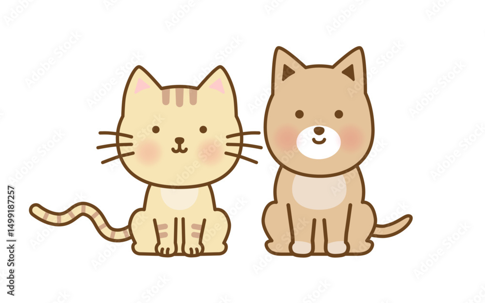 Obraz premium 仲良く並ぶ犬と猫のかわいいイラスト