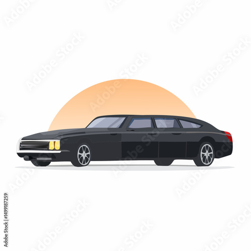 Black Classic Sedan Silhouette Against Orange Sunset Illustration