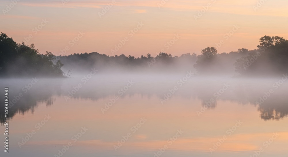 Fototapeta premium Misty Sunrise Over Calm Lake Serene Nature Photography