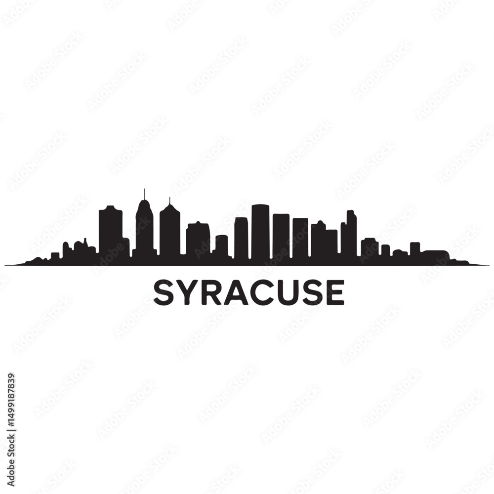 Panoramic View of Downtown Syracuse Skyline. Syracuse city black silhouette skyscrapers and buildings. Long cityscape. Vector black silhouette. with white background Panoramic View of Downtown Syracuse Skyline. Syracuse city black silhouette skyscrapers and buildings. Long cityscape. Vector black silhouette. with white background