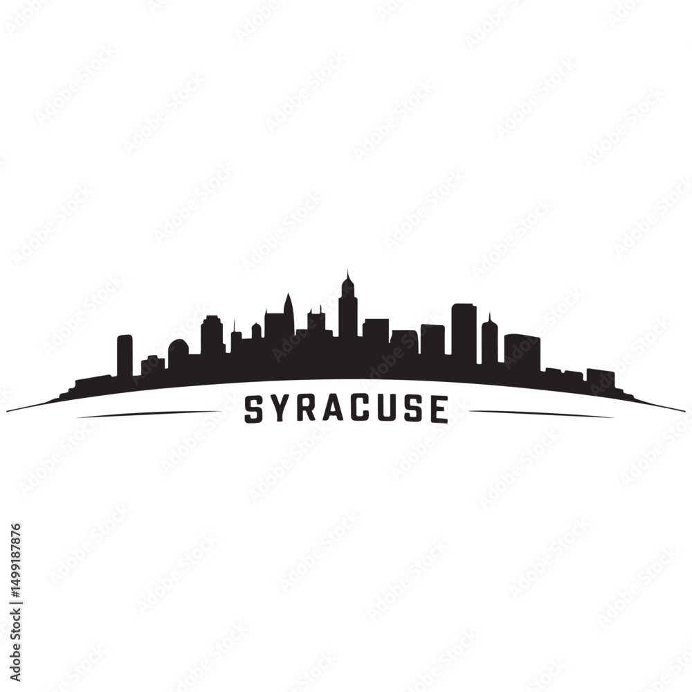 Naklejka premium Panoramic View of Downtown Syracuse Skyline. Syracuse city black silhouette skyscrapers and buildings. Long cityscape. Vector black silhouette. with white background