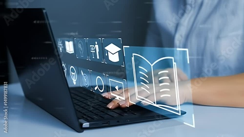 Online Education Interface Woman Typing On Laptop Keyboard with Holographic Digital Icons And Light Blue Background