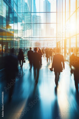 Blurred background of business people walking in a modern office building interior with glass windows and skyscrapers at sunset.
