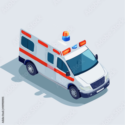 Isometric Illustration of a White and Red Ambulance