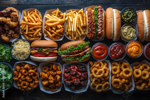 Overhead view of assorted fast food items on a dark wooden surfa