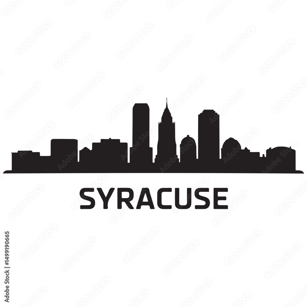 Fototapeta premium Panoramic View of Downtown Syracuse Skyline. Syracuse city black silhouette skyscrapers and buildings. Long cityscape. Vector black silhouette. with white background
