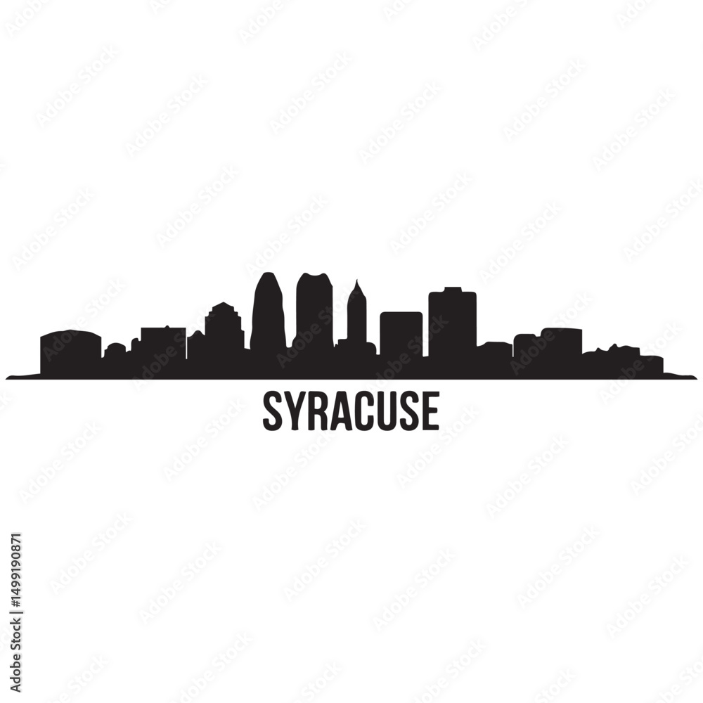 Naklejka premium Panoramic View of Downtown Syracuse Skyline. Syracuse city black silhouette skyscrapers and buildings. Long cityscape. Vector black silhouette. with white background