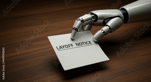 Robotic hand delivers a layoff notice on a wooden surface