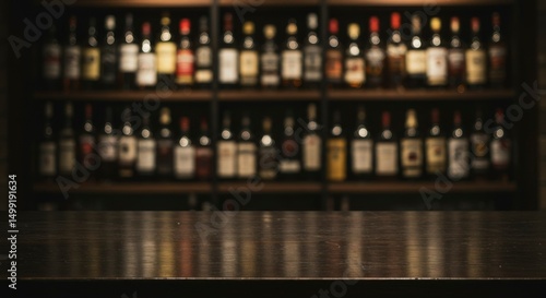 Dark wooden bar counter with blurred background of liquor bottles on shelves