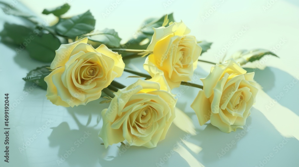 Fototapeta premium Pale yellow roses laid out on a clean, soft buttercream table, creating a peaceful setting for heartfelt wishes or greetings.