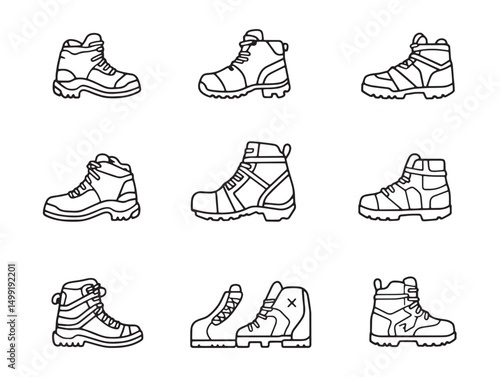 Black and white hiking boots line art style vector graphic
