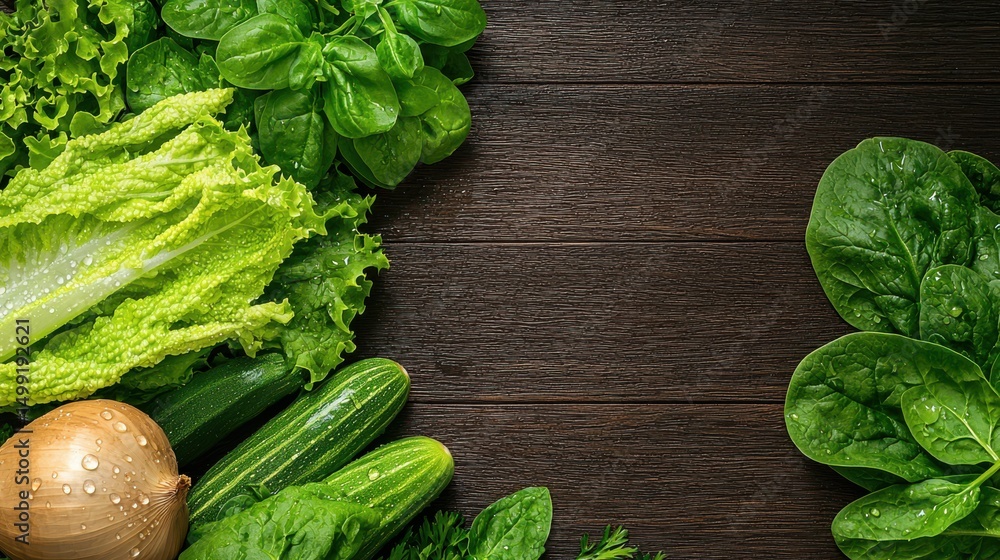 Fototapeta premium Fresh and Vibrant Green Vegetables Collection on Wooden Surface with Water Droplets and Natural Texture Ideal for Healthy Eating Concepts