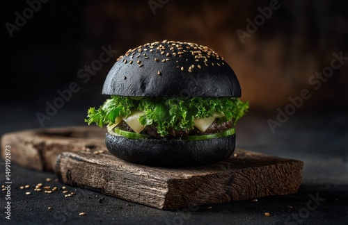 Charcoal-colored burger on ...