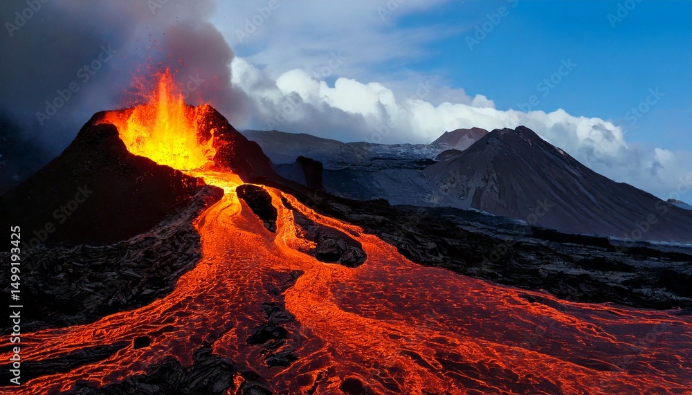 Fototapeta premium Un volcán entra en erupción y ríos de magma caen por las laderas. 