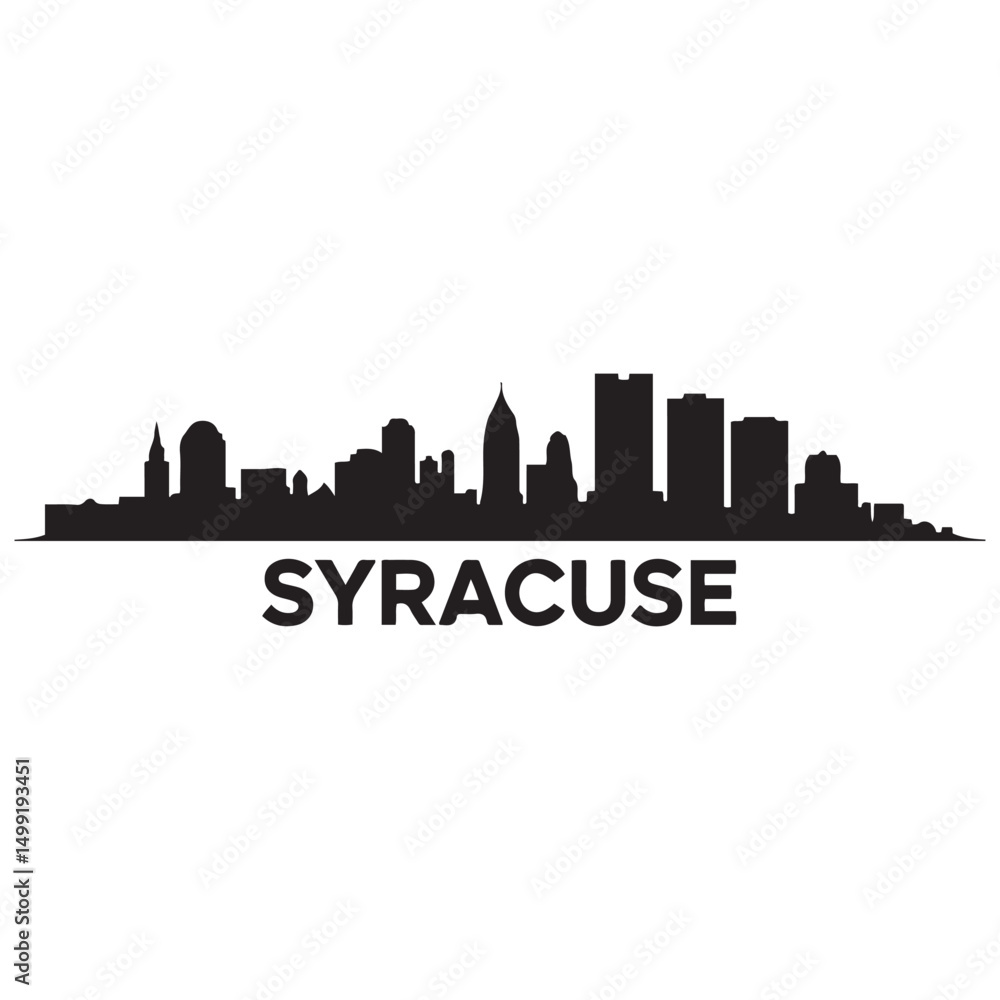 Panoramic View of Downtown Syracuse Skyline. Syracuse city black silhouette skyscrapers and buildings. Long cityscape. Vector black silhouette. with white background Panoramic View of Downtown Syracuse Skyline. Syracuse city black silhouette skyscrapers and buildings. Long cityscape. Vector black silhouette. with white background