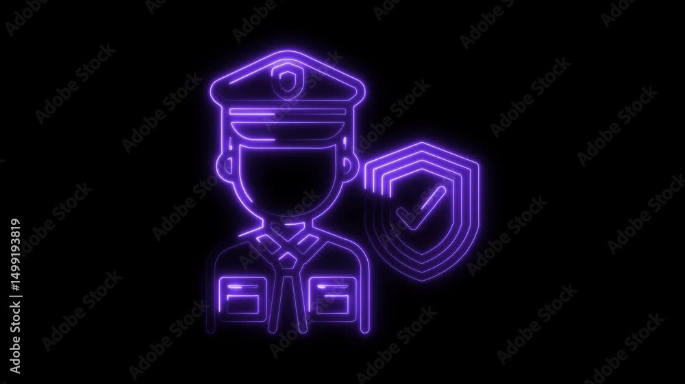 Animated neon security guard icon with shield checkmark glowing on black background video Animated neon security guard icon with shield checkmark glowing on black background video