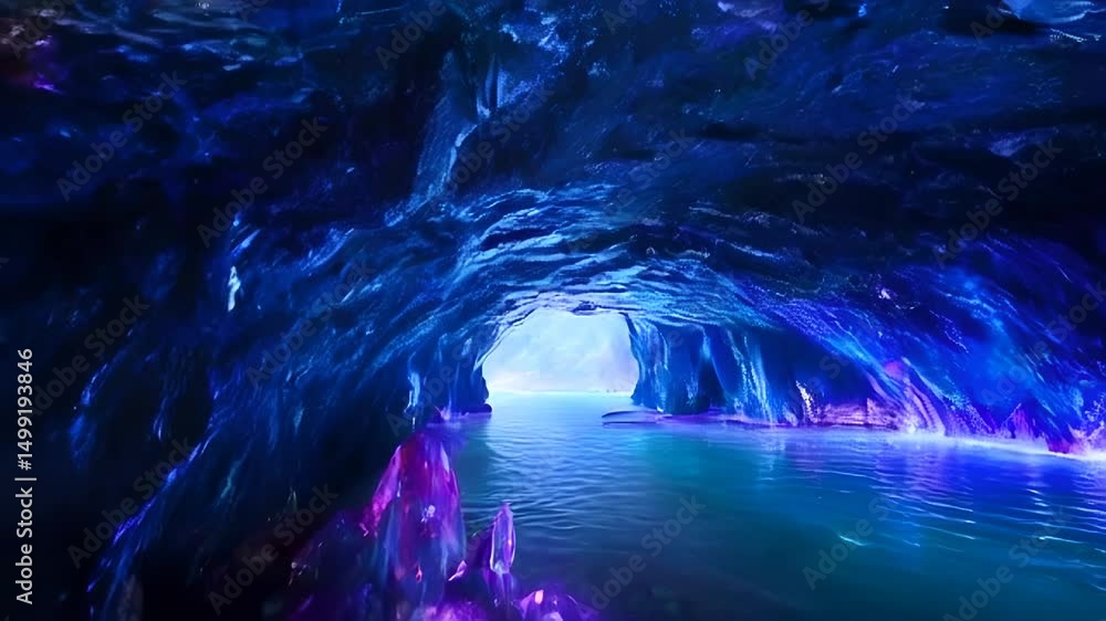 A crystal cave interior with glowing mineral formations and reflections dancing on the cave walls A crystal cave interior with glowing mineral formations and reflections dancing on the cave walls