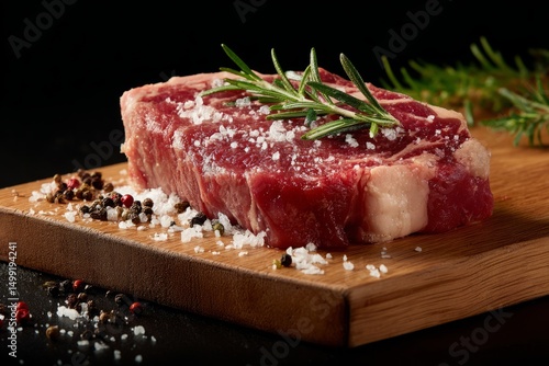 Seasoned steak on a wooden ...