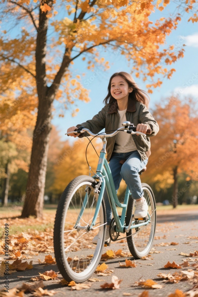 Fototapeta premium araffe girl riding a bike in the park on a sunny day