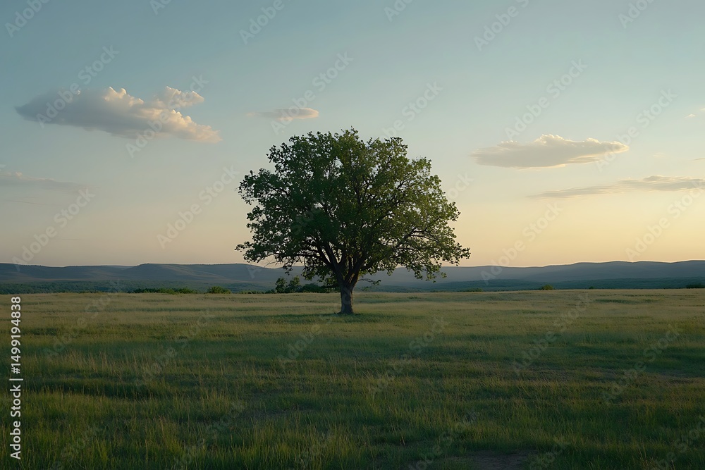 Obraz premium A solitary tree stands in a vast open field during sunset, creating a serene landscape.