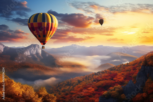Hot air balloons soar over the mountains in autumn