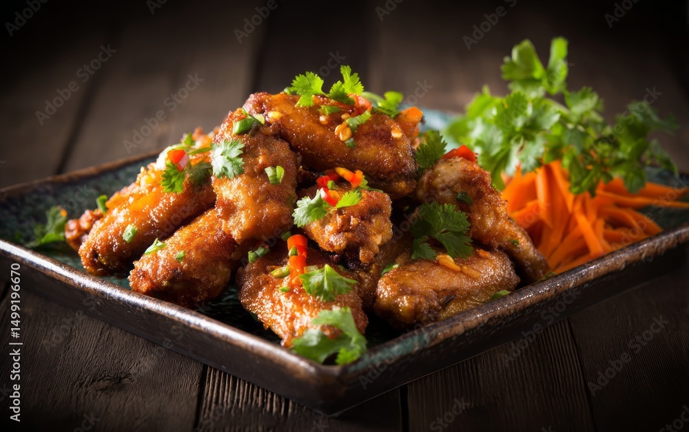 Fototapeta premium Crispy chicken wings with a spicy sauce and garnish.
