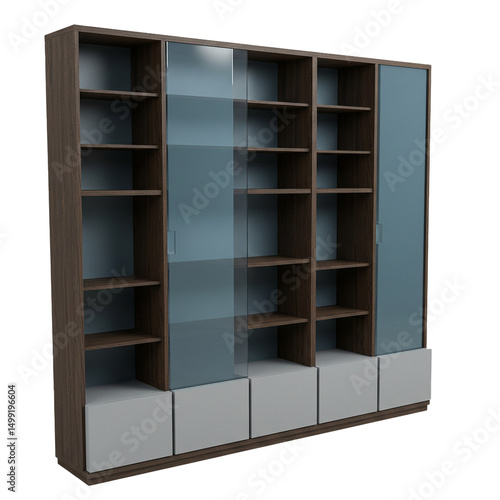 Modern Sliding Door Bookcase with Integrated Drawers and Glass Panels: Stylish Storage Solution for Home or Office