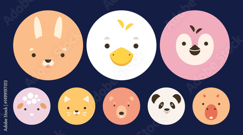 Cartoon cute different faces of animals for design of a hot air balloon or childrens tableware. Flat vector illustration in a simple style. Character set. Picture for applique