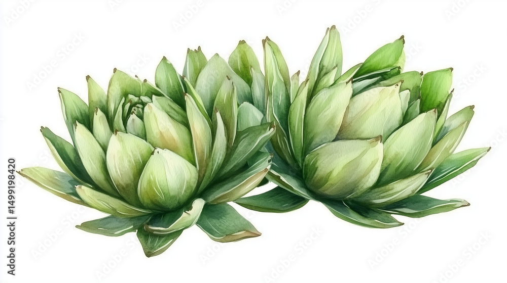Fototapeta premium Fresh and organic green artichoke depicted in watercolor, set against a white background.
