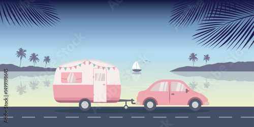 road trip adventure caravan on tropical landscape vector illustration