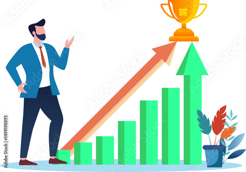 businessman look at achievement milestone to success. Success wave surf in business peak with ongoing money profit. ​ Investors looking for the best point to make a profit.