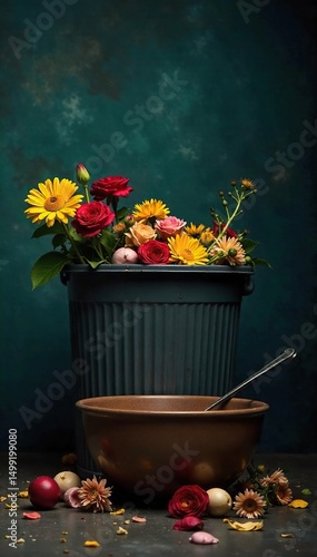 Empty bowl, overflowing trash can, wilted flowers, dim lighting conveys feelings of emptiness, neglect, and lack of appetite associated with depression ,  misery,  flowers,  wilted
