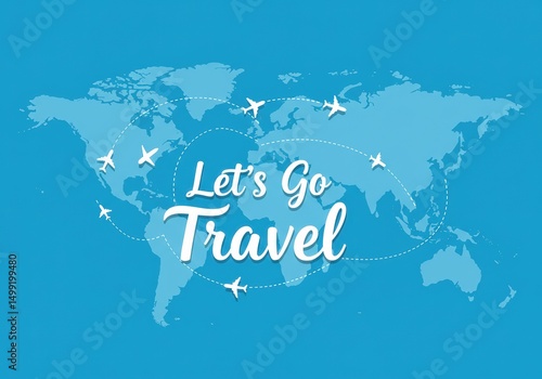 A blue illustration of a world map with airplanes, inviting you to go travel the world.