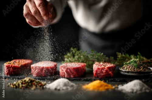 Chef seasons raw steaks wit...