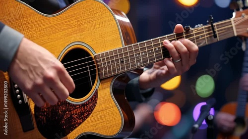Wallpaper Mural Close-up of man playing acoustic guitar with blurred lights in background capturing musical passion, performance and emotional artistic expression Torontodigital.ca