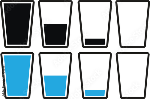 water glass icons set. Full Half and empty Flat Water glasses, drink symbol vector illustration