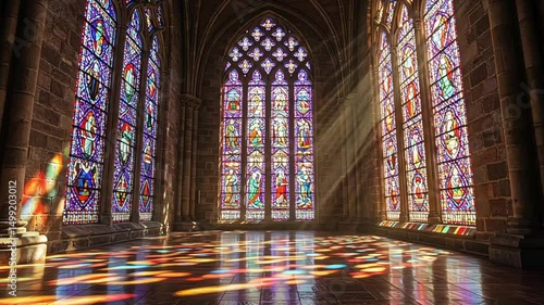 Interior view of a cathedral with stained glass windows and light beams