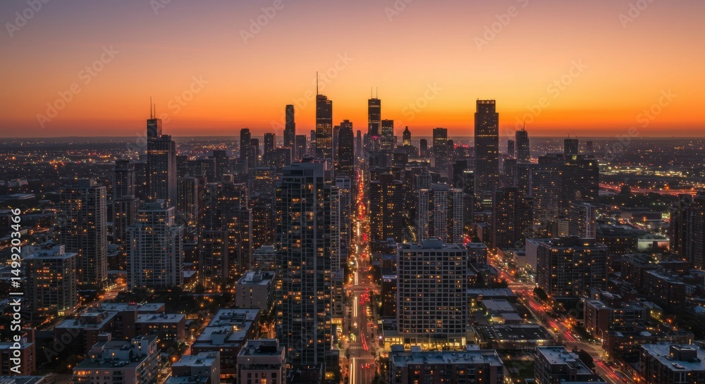 Obraz premium City skyline at sunset, illuminated buildings and streets