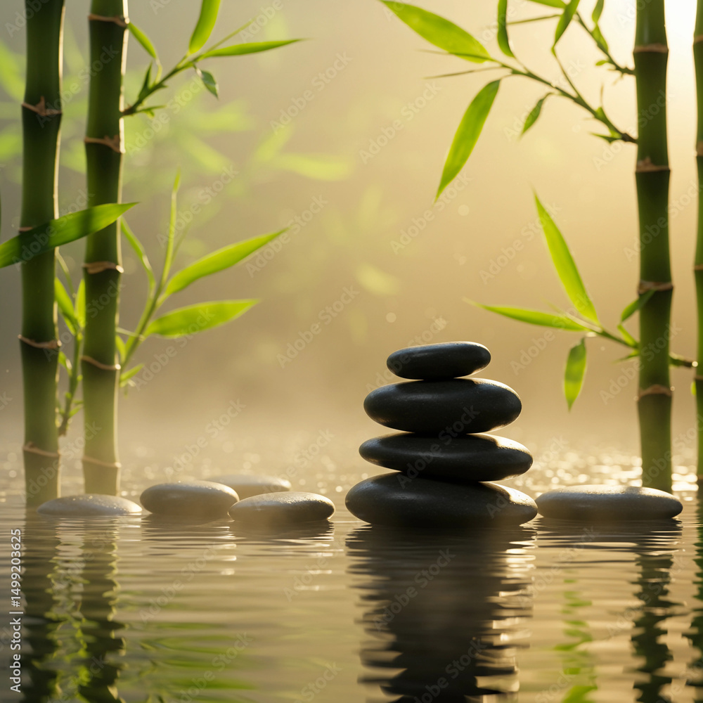 Fototapeta premium The scene is serene and peaceful, with the water reflecting the stones