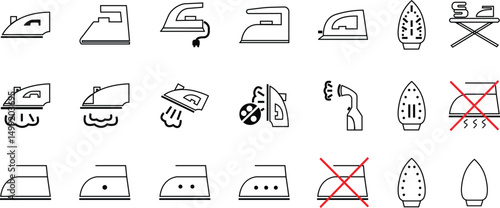 Electric iron icons collection, A hot household appliance for smooth clothing. Set of Home appliances and Steam generator irons vectors in line style
