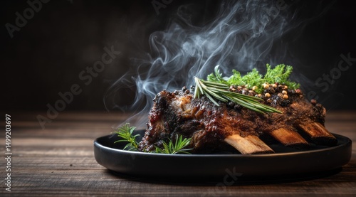Roasted ribs on a plate wit...