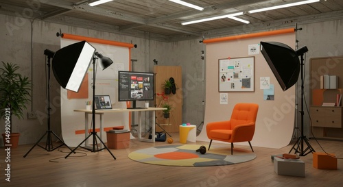 A modern, minimalist studio space, featuring a desk, chair, lighting equipment, and backdrops