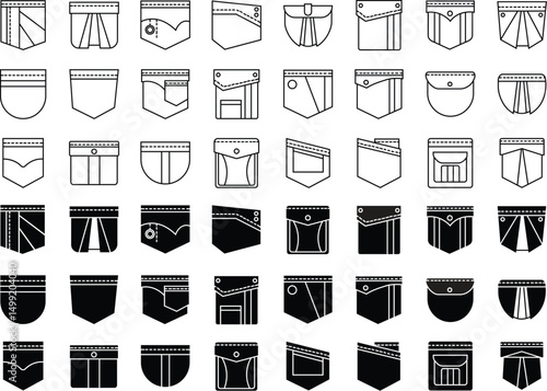 Set of patch pocket icons for shirts and other clothing. Jeans and denim Patches pockets flat and line sketch vector illustration