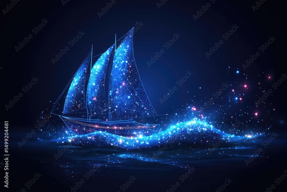 Fototapeta premium Glowing blue ship, sails of stars, navigates cosmic waves. Use for dreams, imagination, future tech, or nautical concept.