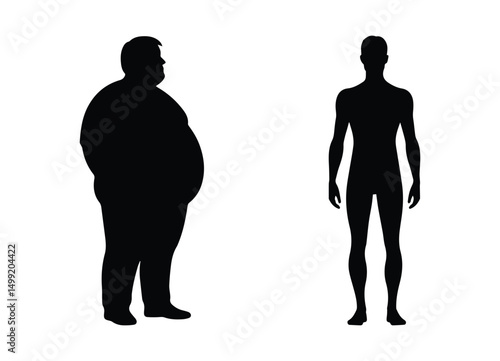 fat and slim thin man, human silhouettes, set simple black on white
