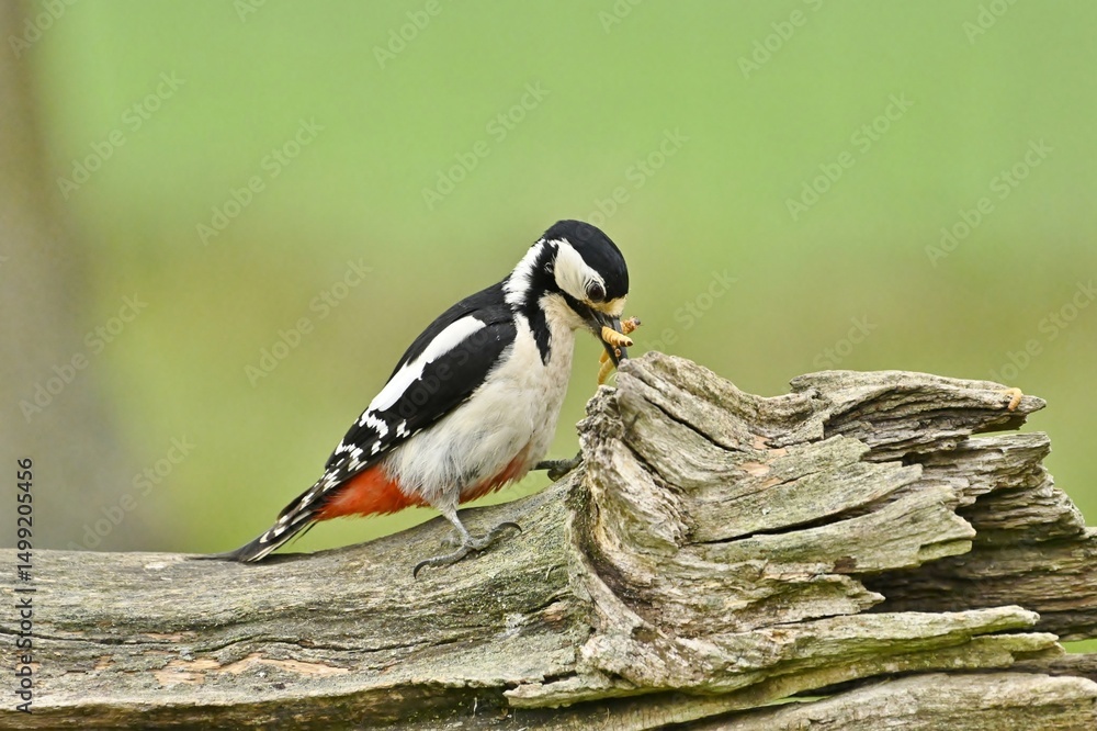 Obraz premium A Spotted Woodpecker finding bugs on an old tree.