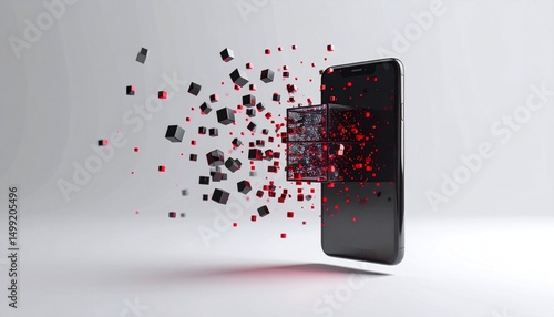A black smartphone with a red and black cube disintegrating into smaller blocks