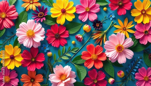 Bold floral motif arranged in a square grid; vibrant color palette , vector, art